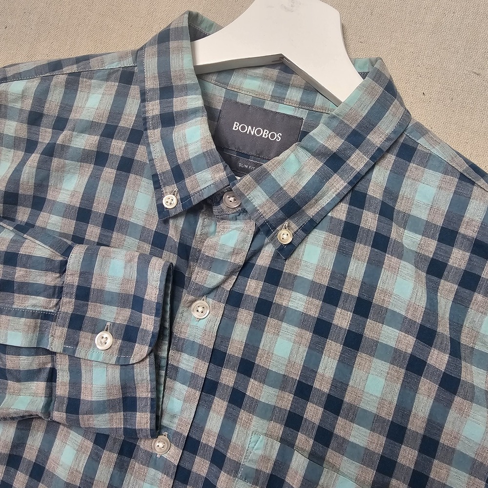 Bonobos Men's Large Blue Plaid Slim Fit Grid Check Button Down Shirt
